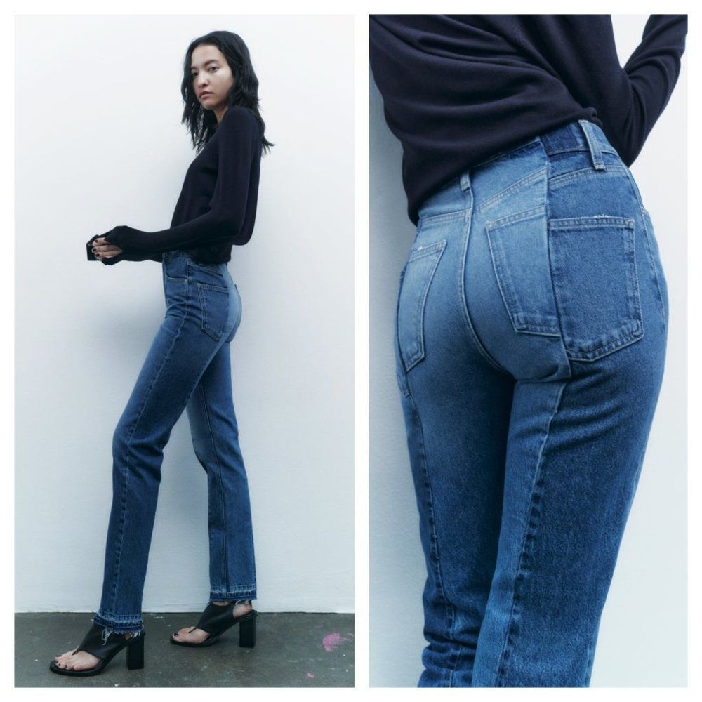 ZARA CONTRASTING CROPPED STRAIGHT JEANS - Picture 3 of 5